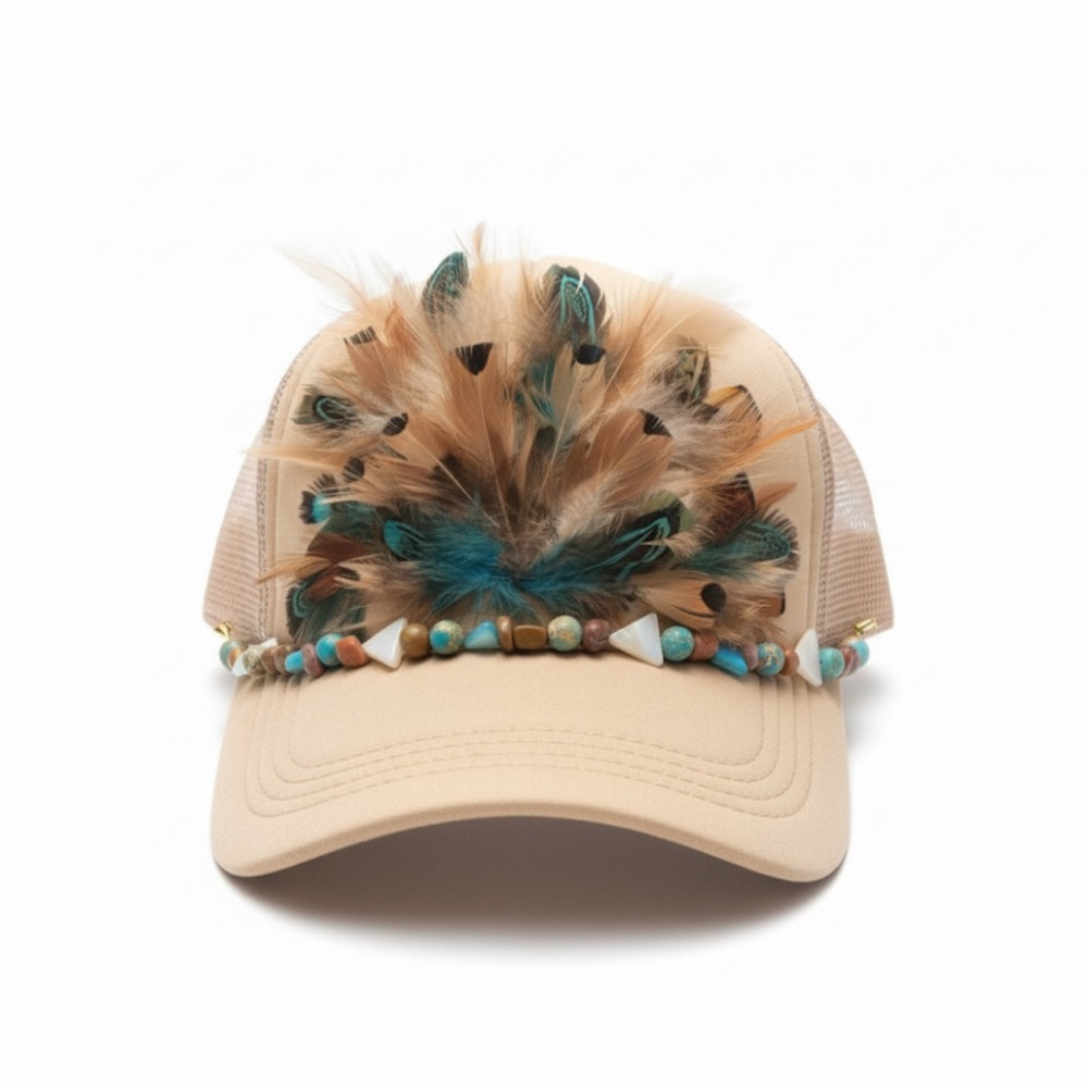 Stylish Tan Feather-Embellished Women's Hat with Detachable Hat Chain